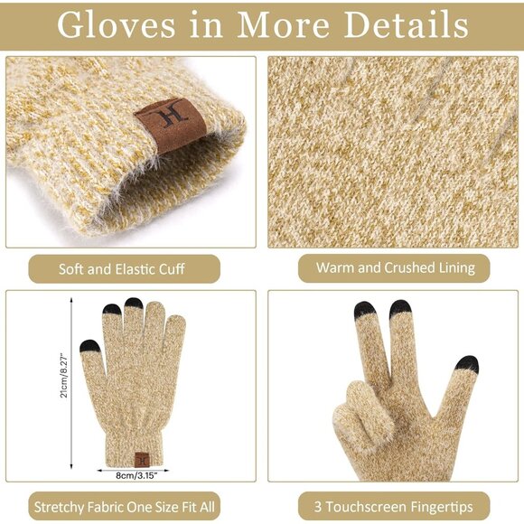 Women's Khaki Warm Knit Beanie Hat Touchscreen Gloves Long Neck Scarf Set - Picture 3 of 6